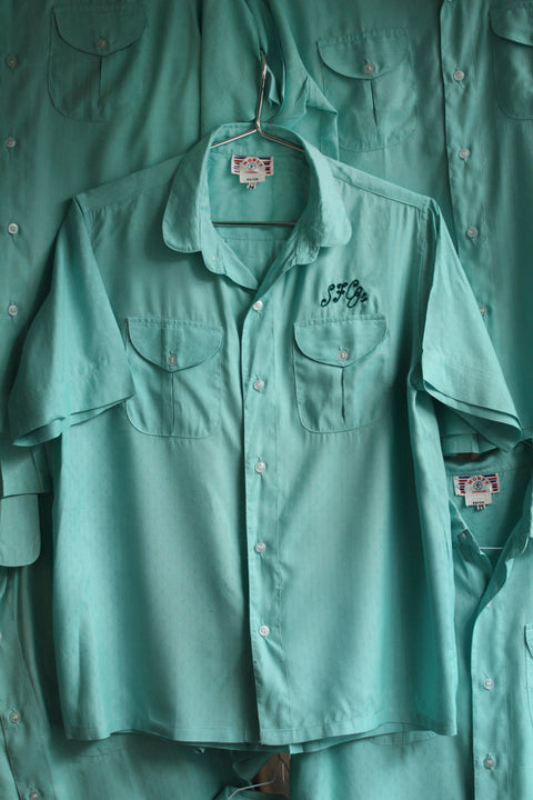 Teal SFC chain-stitched rayon bowling shirt (Vintage)