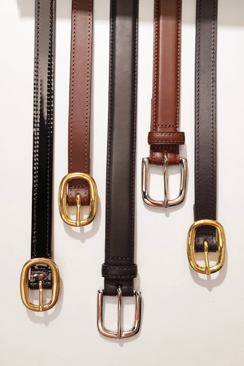 Black leather slim horse shoe buckle belt