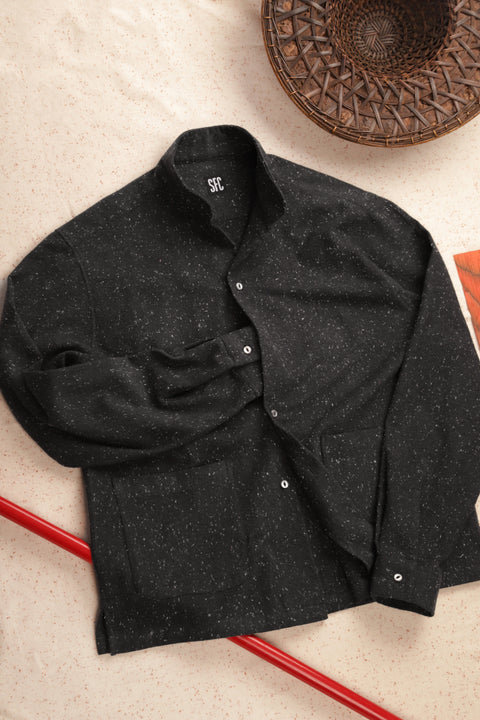 Black flecked flannel stand collar shirt