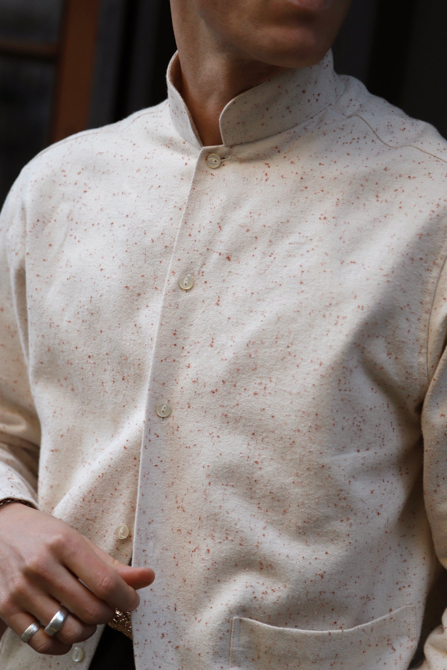 Cream flecked flannel stand collar shirt