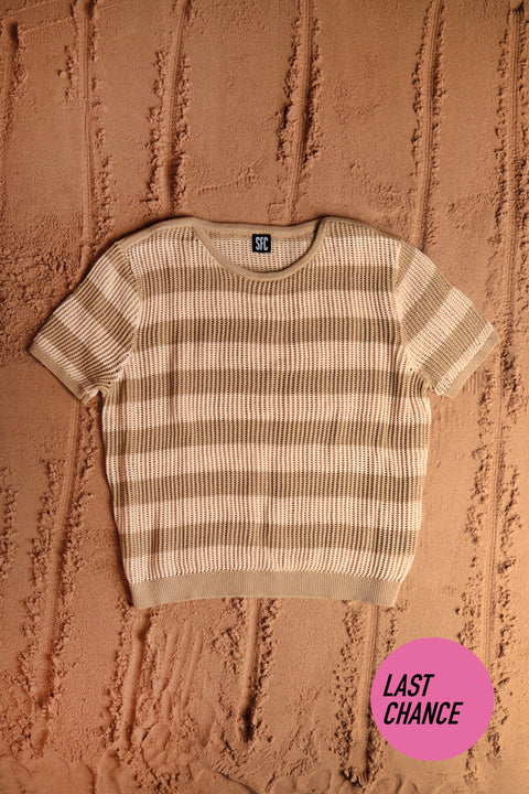 Cream striped net knit top