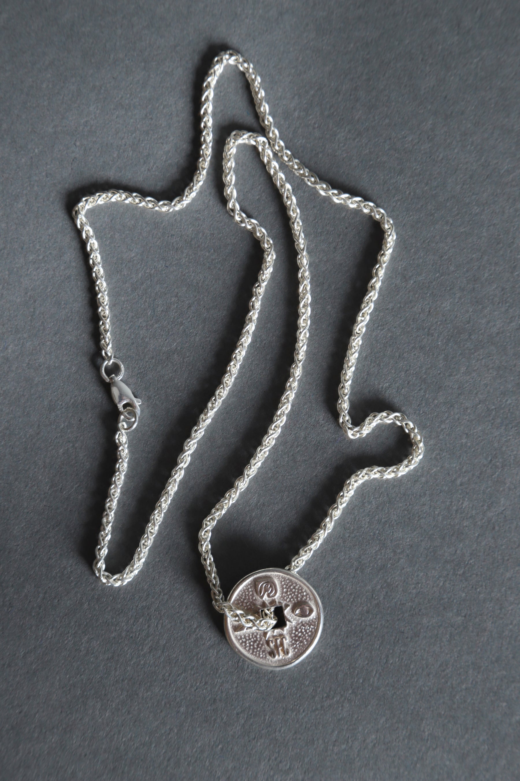 Silver lucky coin necklace with stone pendant (B1)