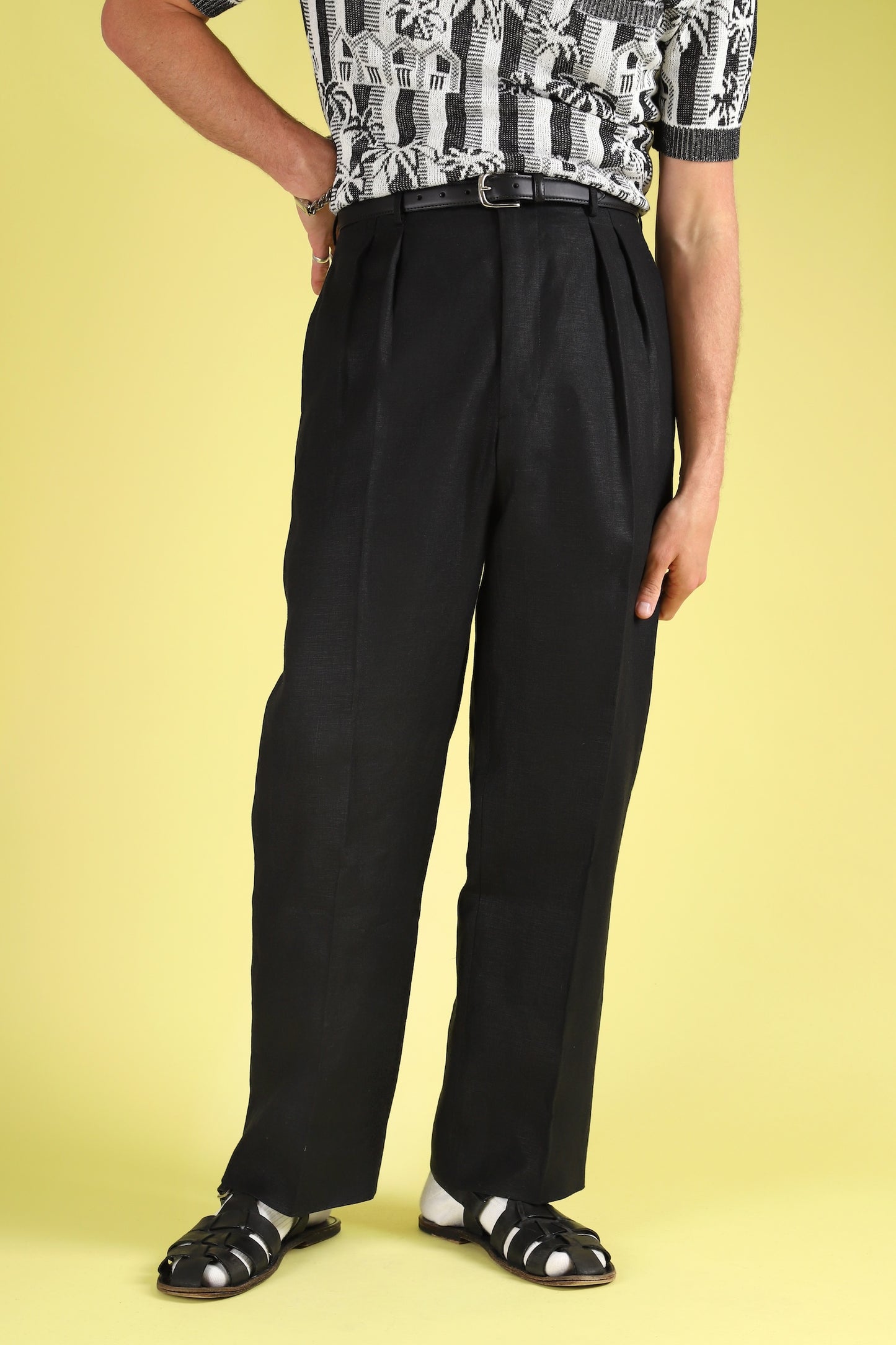 Black linen classic wide-leg trousers