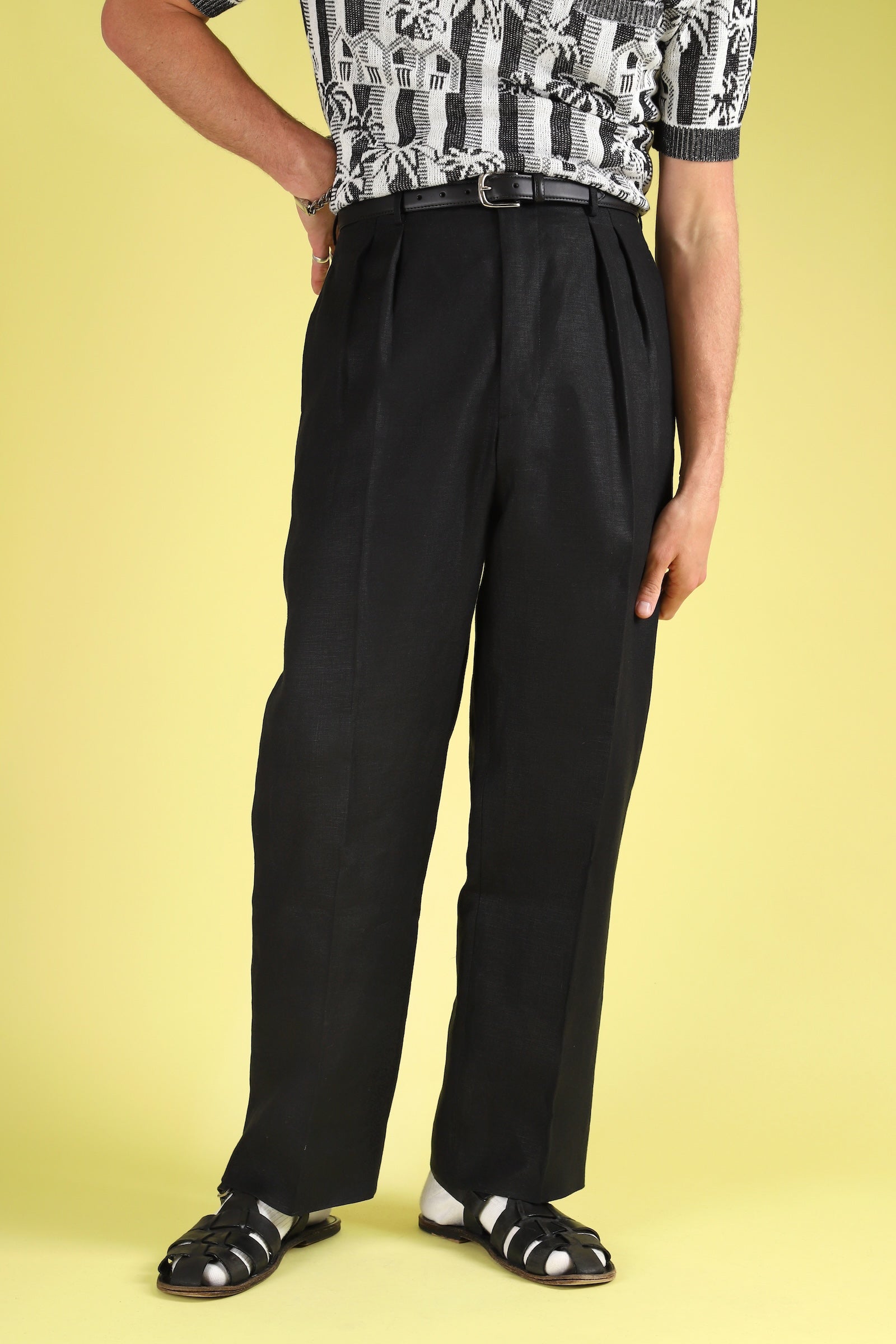 Black linen classic wide-leg trousers