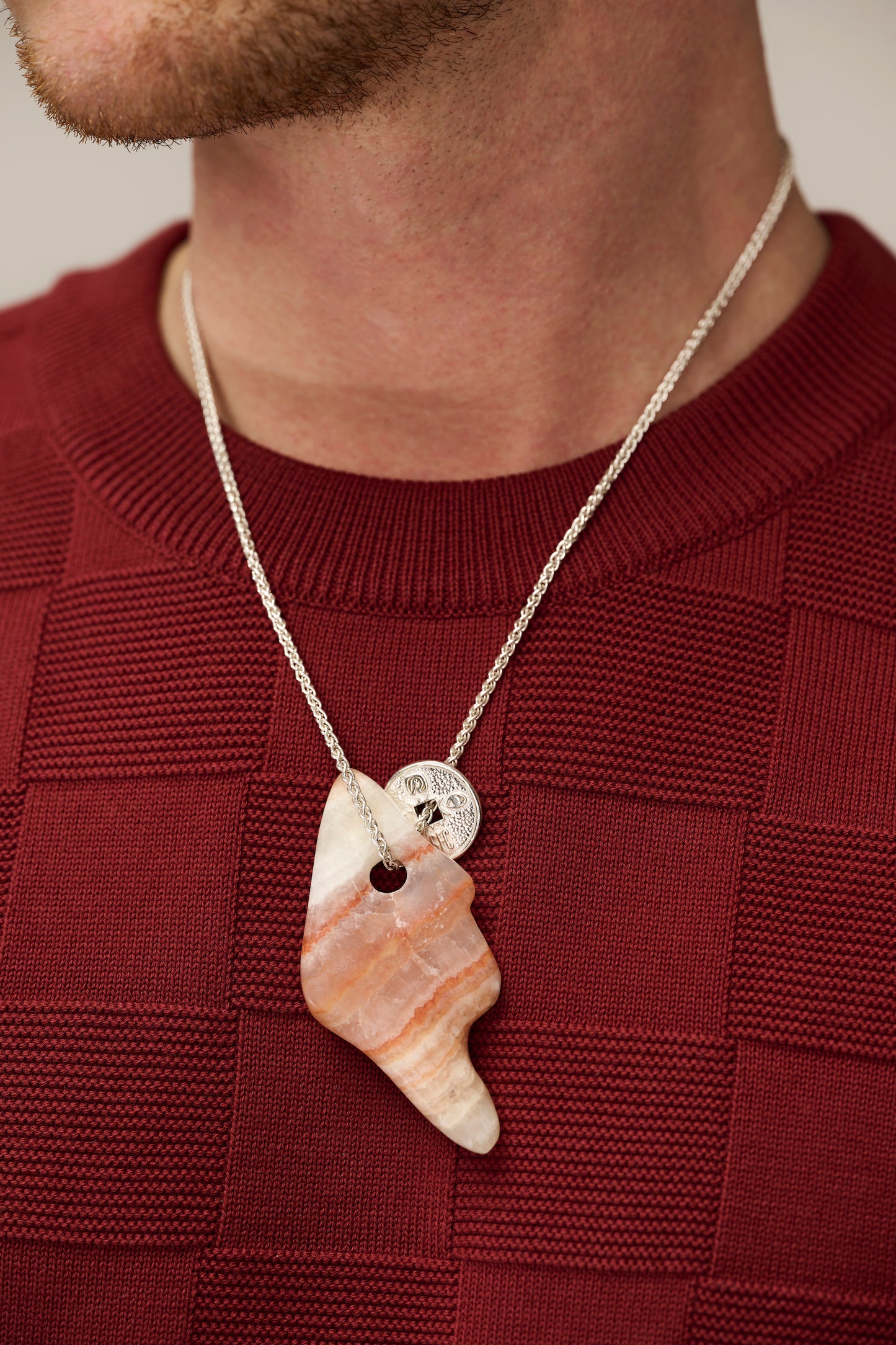 Silver lucky coin necklace with stone pendant (O1)