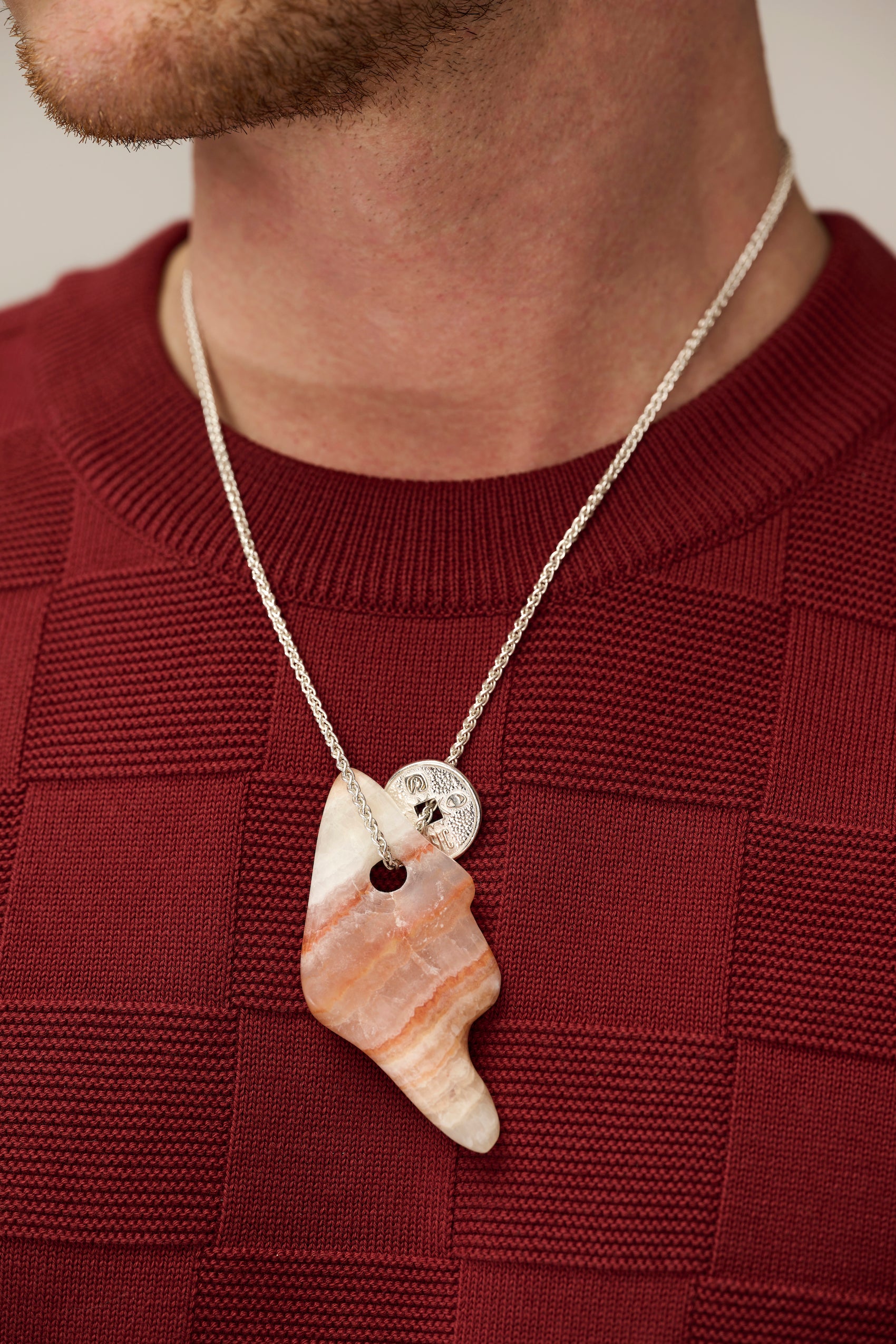 Silver lucky coin necklace with stone pendant (O1)