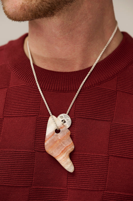 Silver lucky coin necklace with stone pendant (O1)