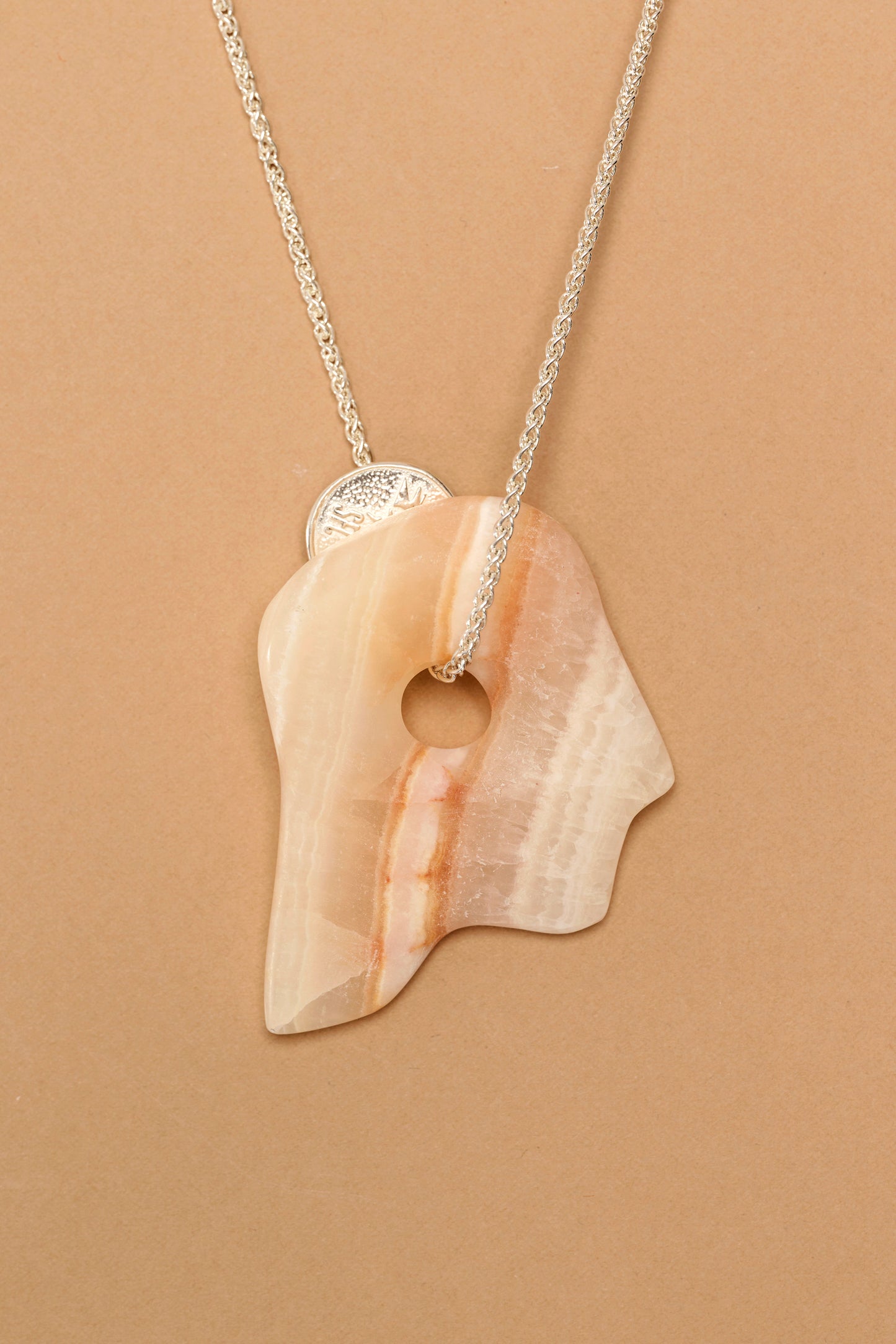 Silver lucky coin necklace with stone pendant (O3)