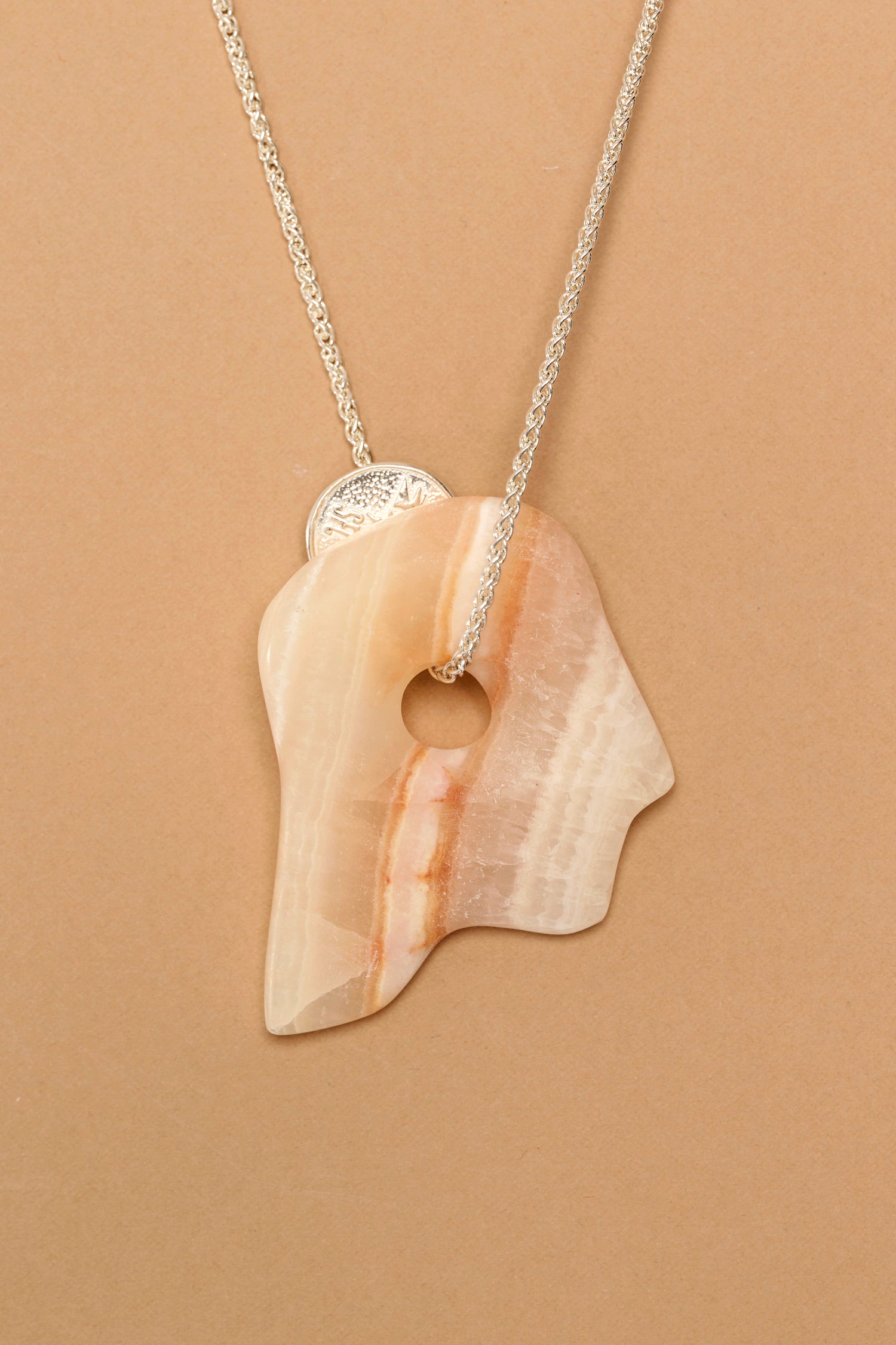 Silver lucky coin necklace with stone pendant (O3)