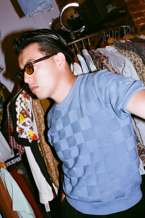 Powder blue checker Chet knit T