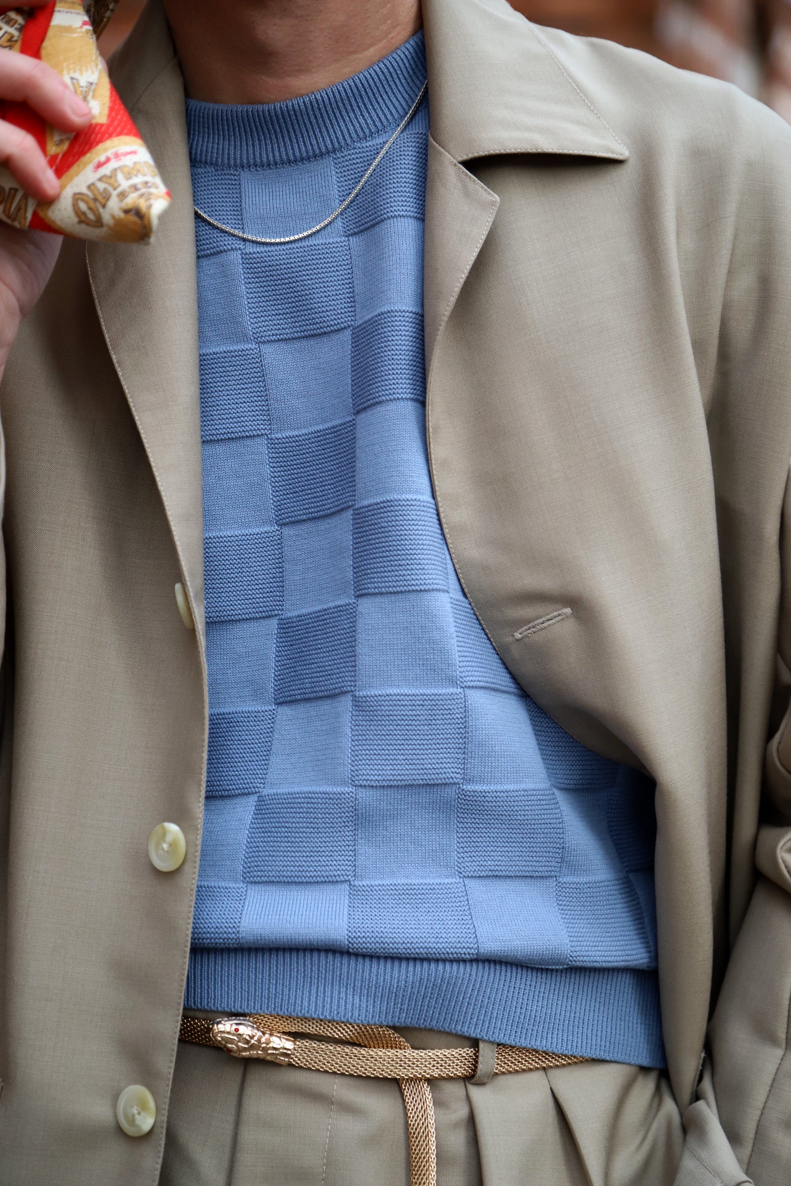 Powder blue checker chet knit t (LAST ONE)