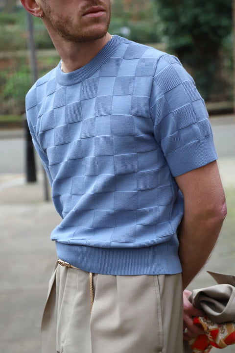 Powder blue checker Chet knit T