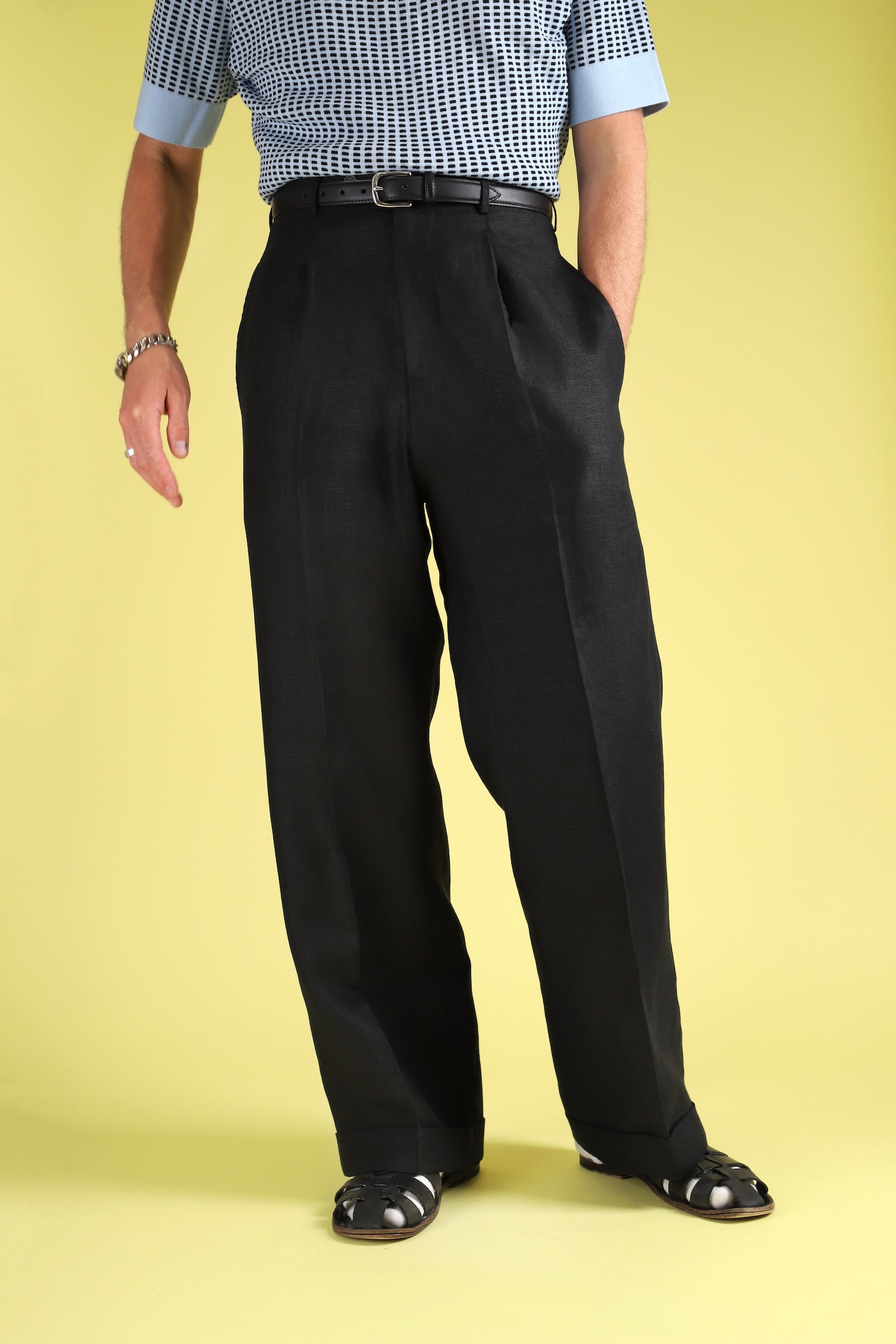 Black linen wide boy trousers