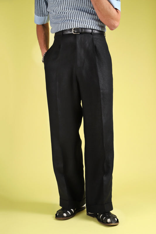 Black linen wide boy trousers