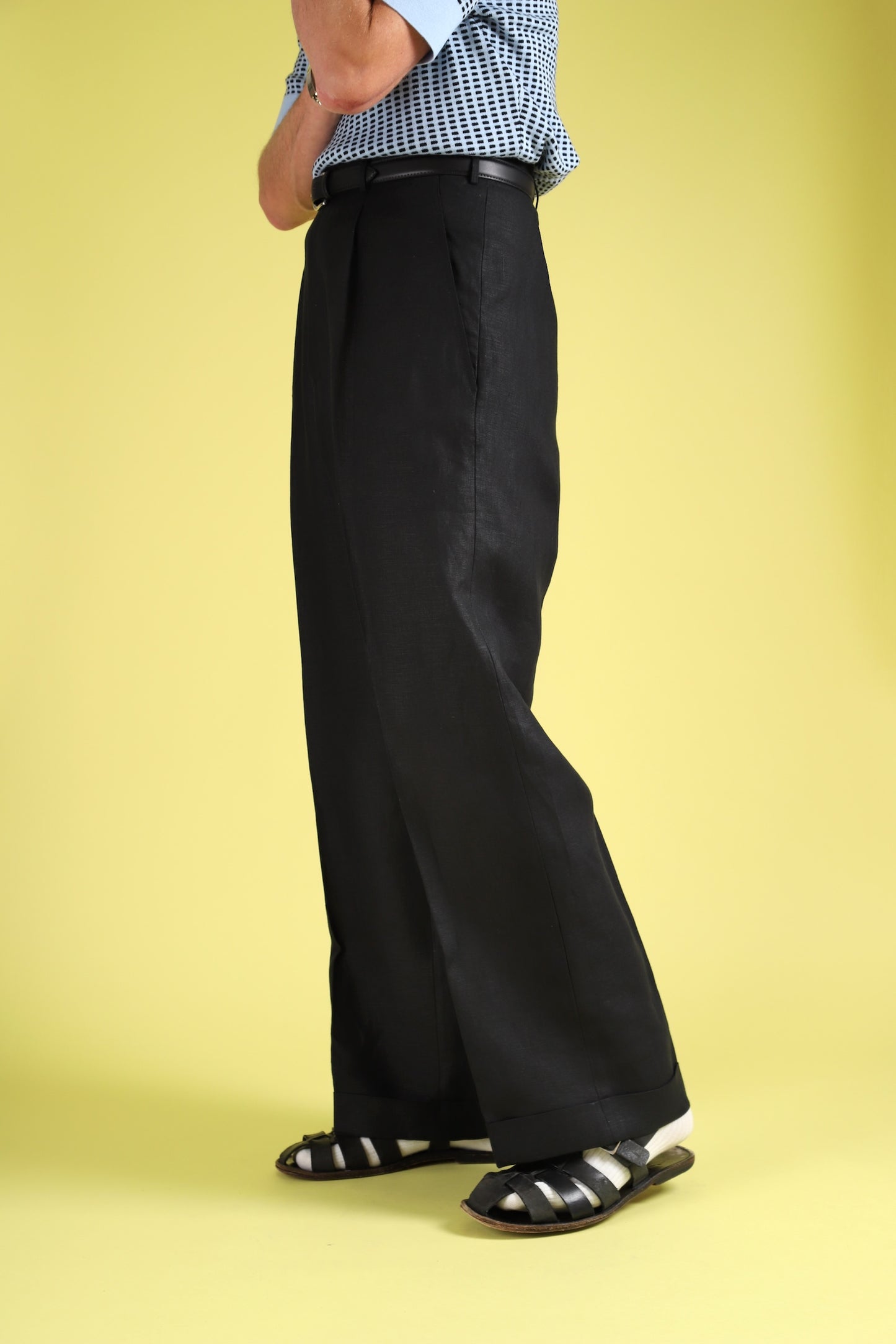 Black linen wide boy trousers