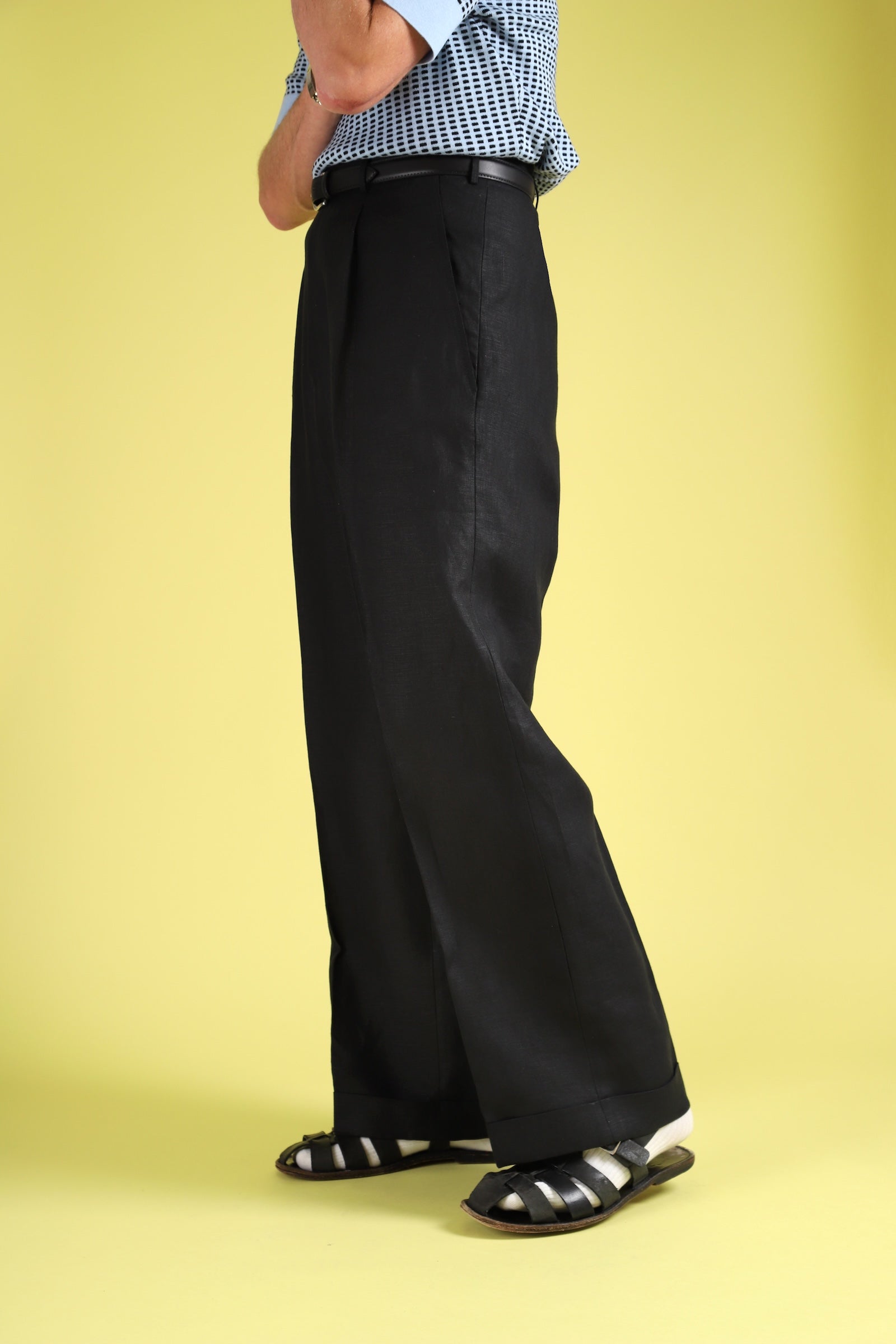 Black linen wide boy trousers