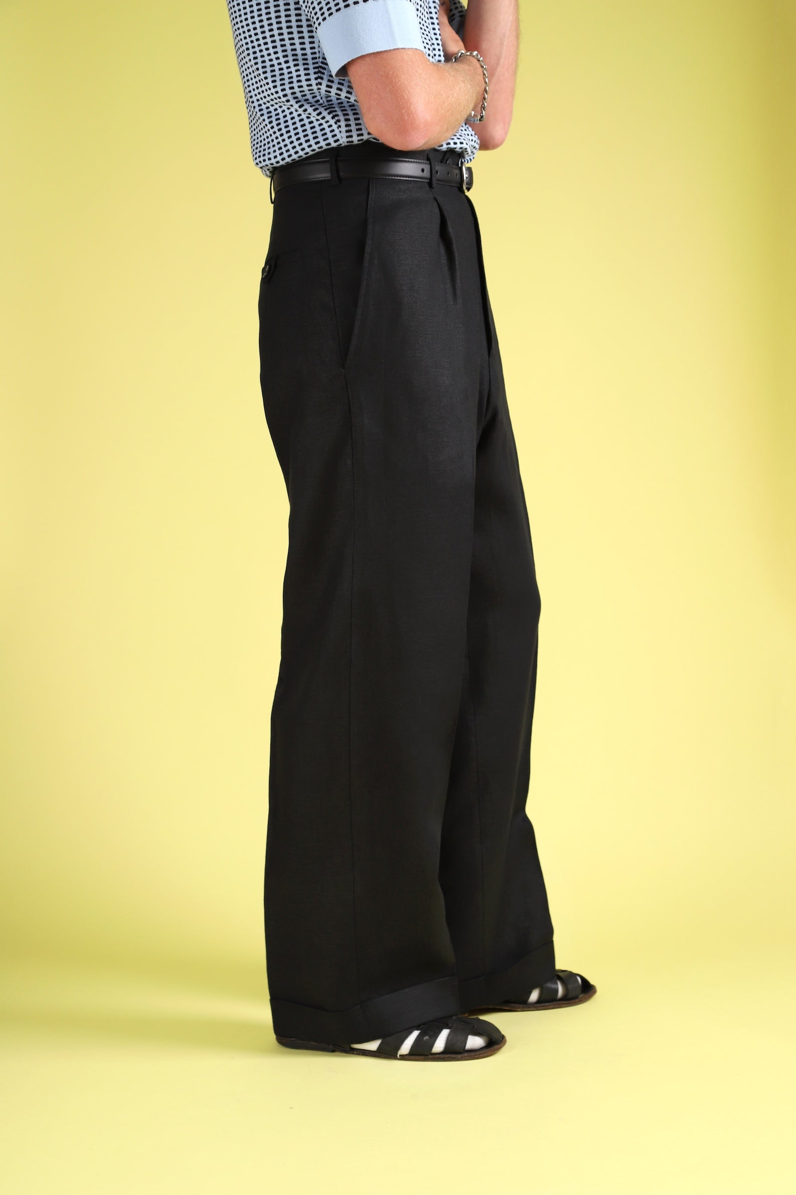 Black linen wide boy trousers