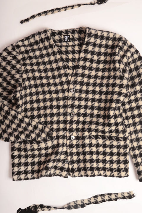 Black and ivory houndstooth wool cardigan