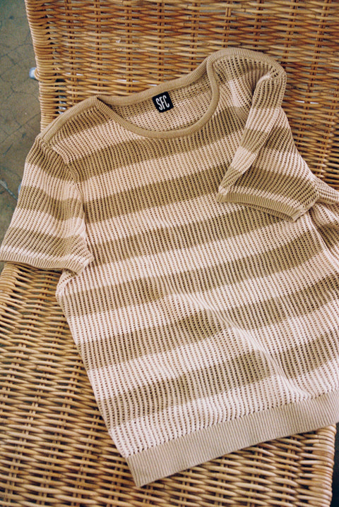 Cream striped net knit top