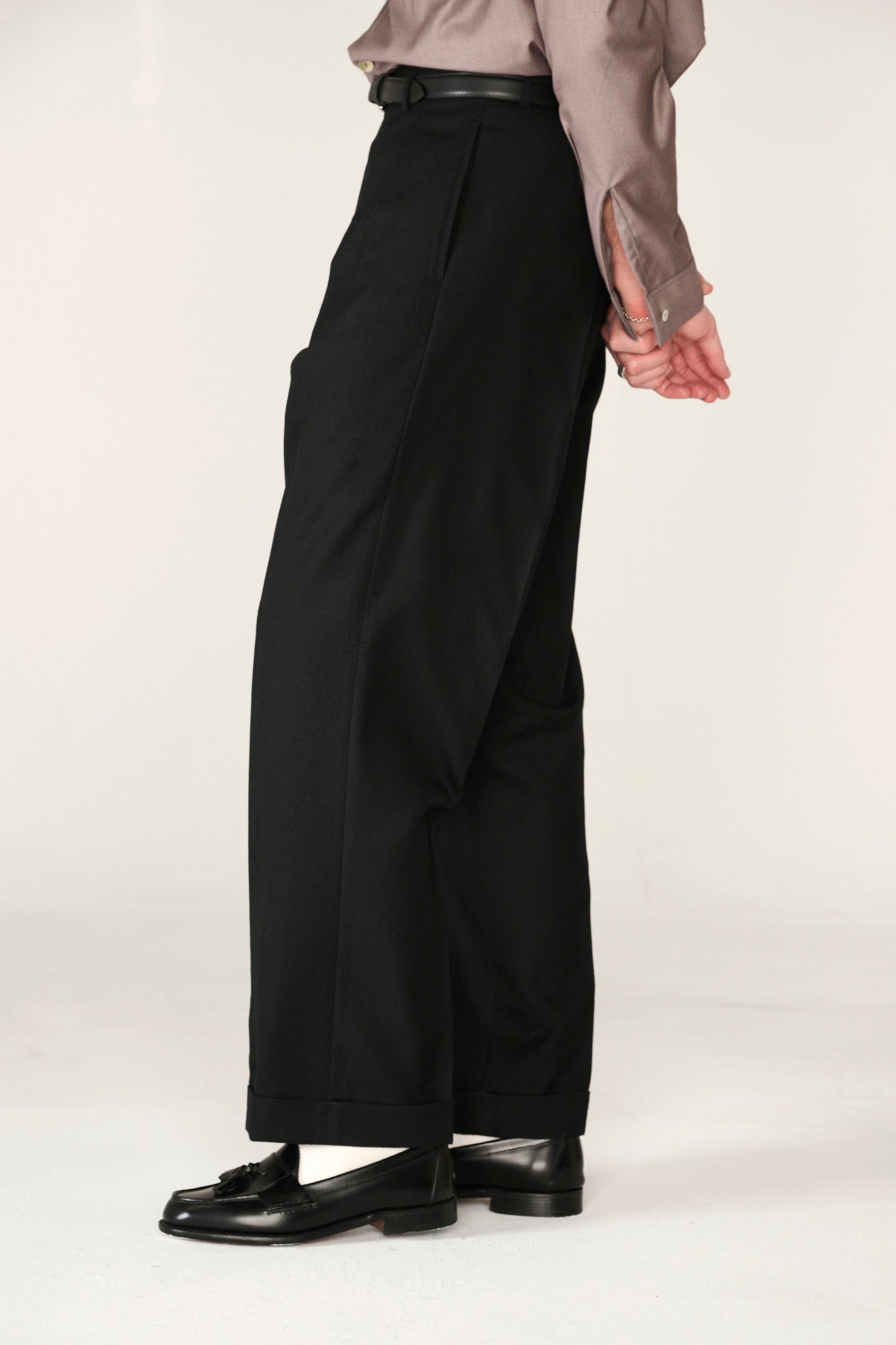 Black wool classic wide-leg trousers