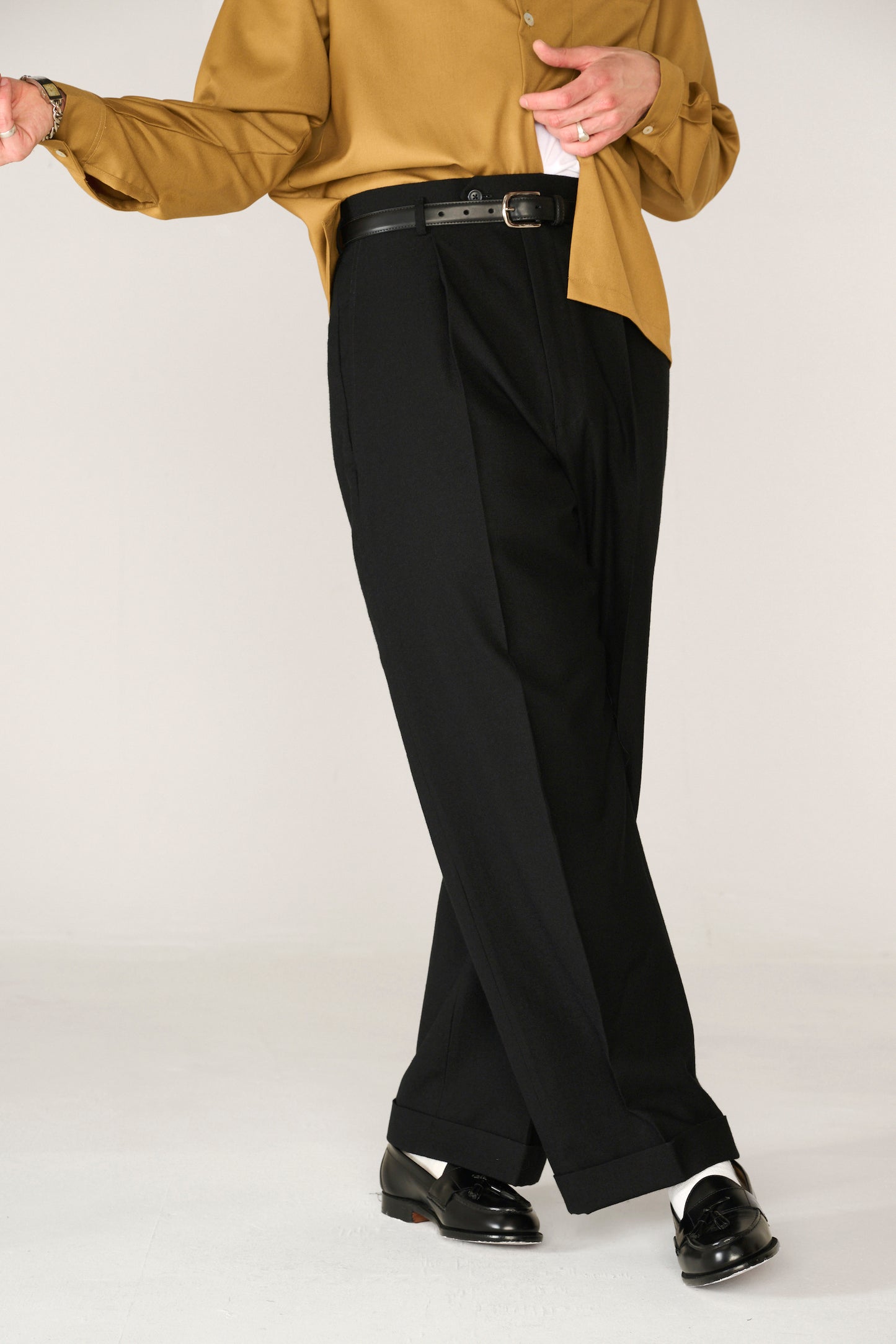 Black wool wide boy trousers