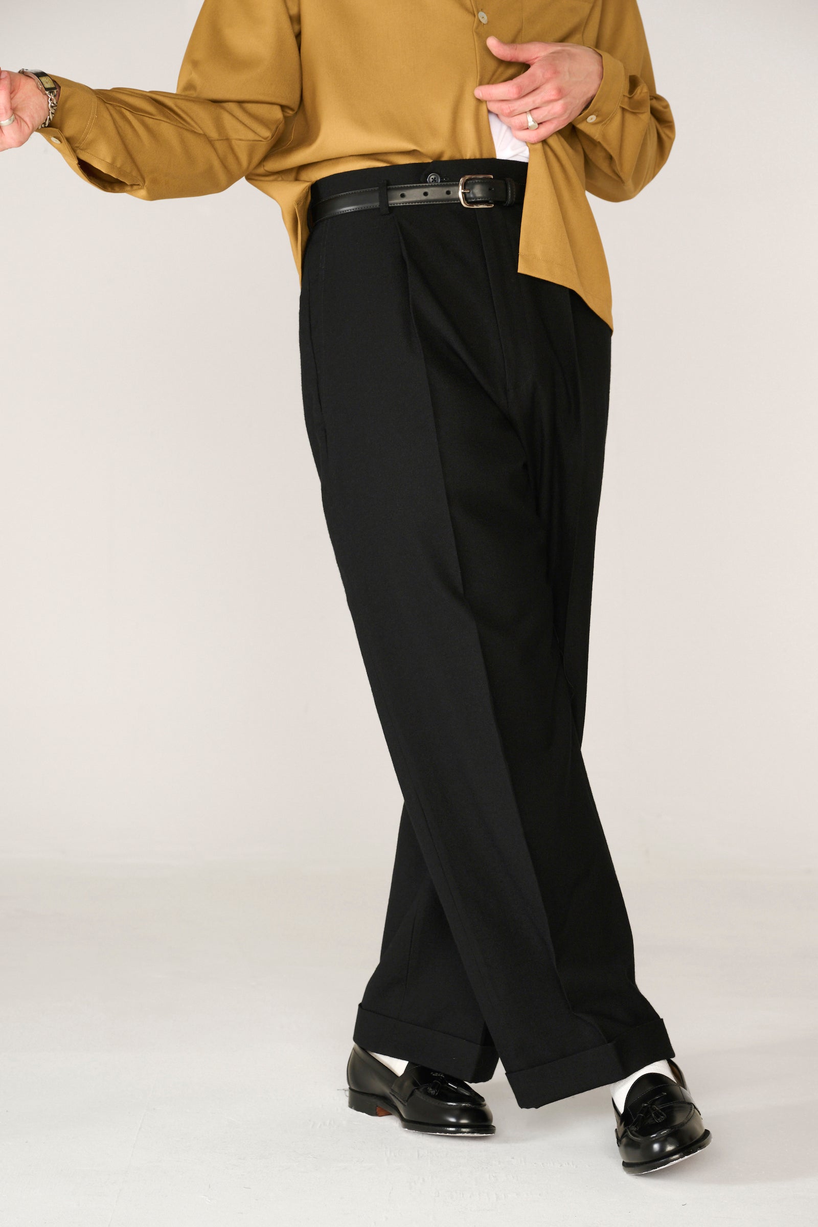 Black wool wide boy trousers