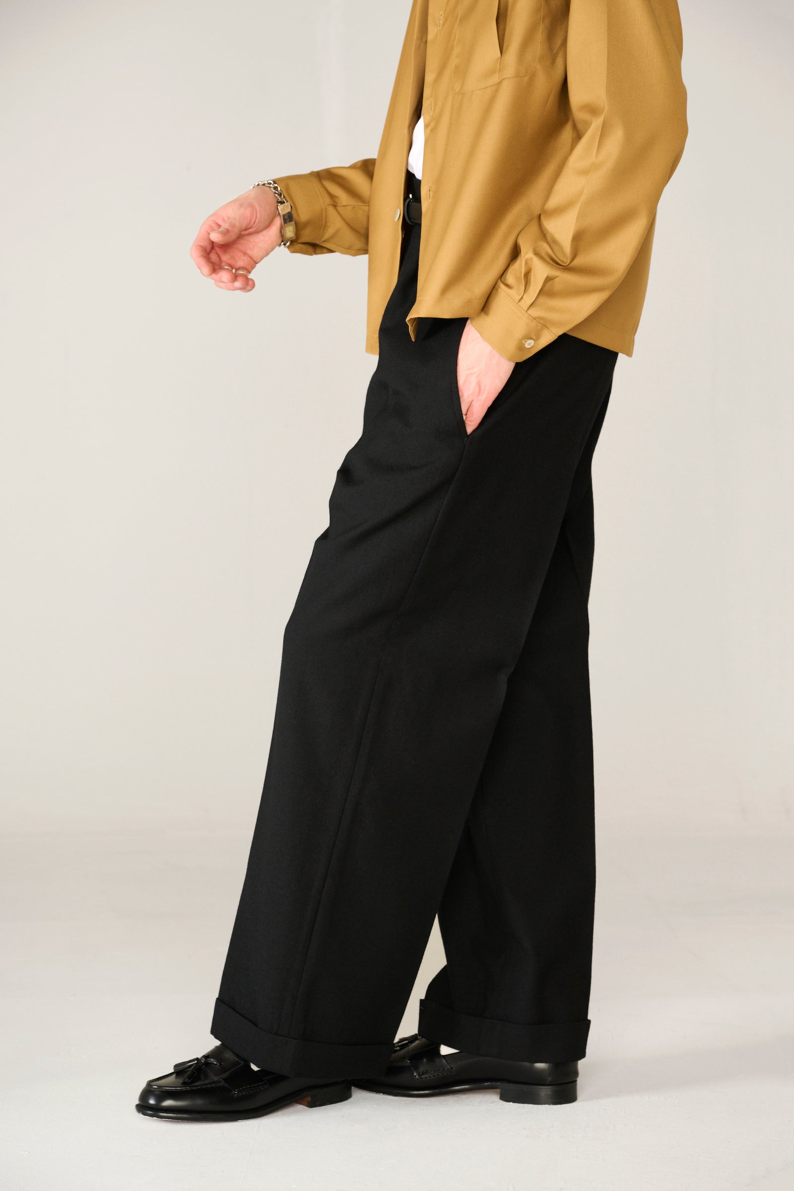 Black wool wide boy trousers