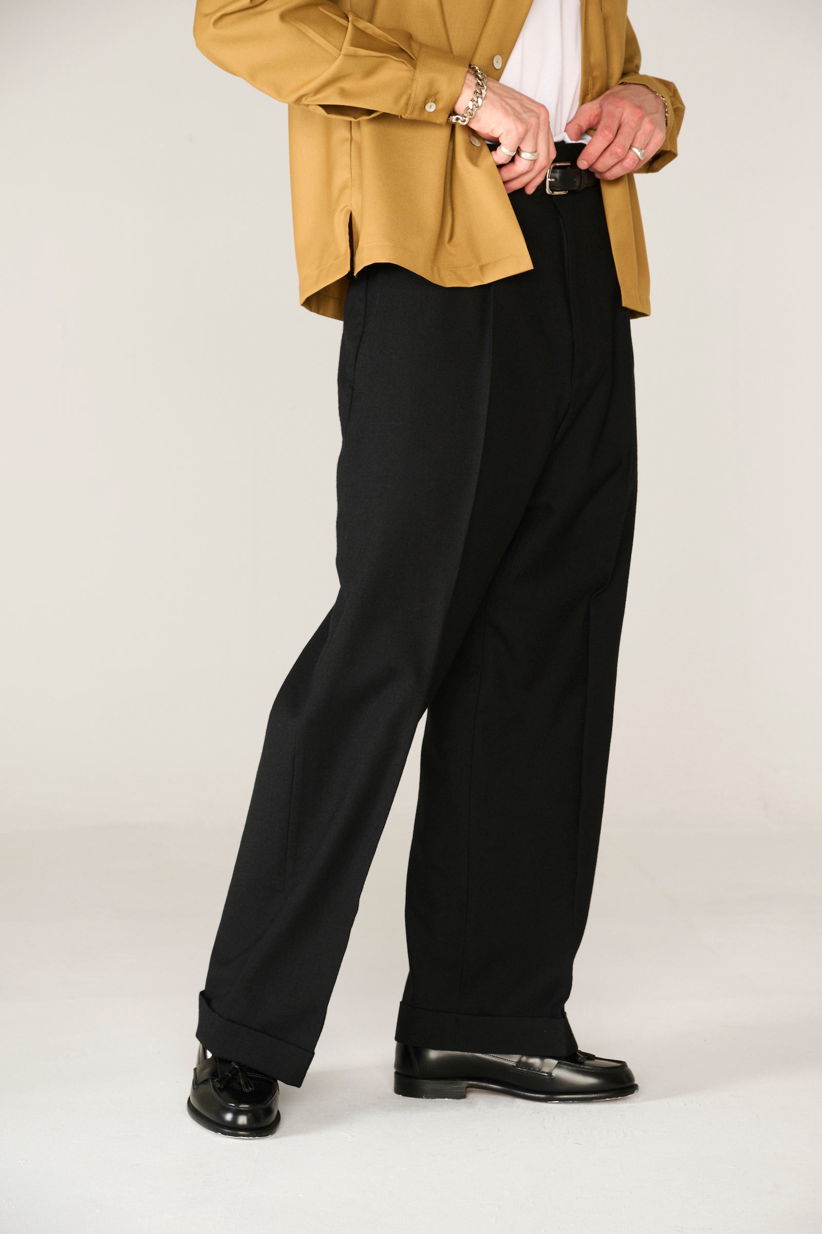 Black wool wide boy trousers