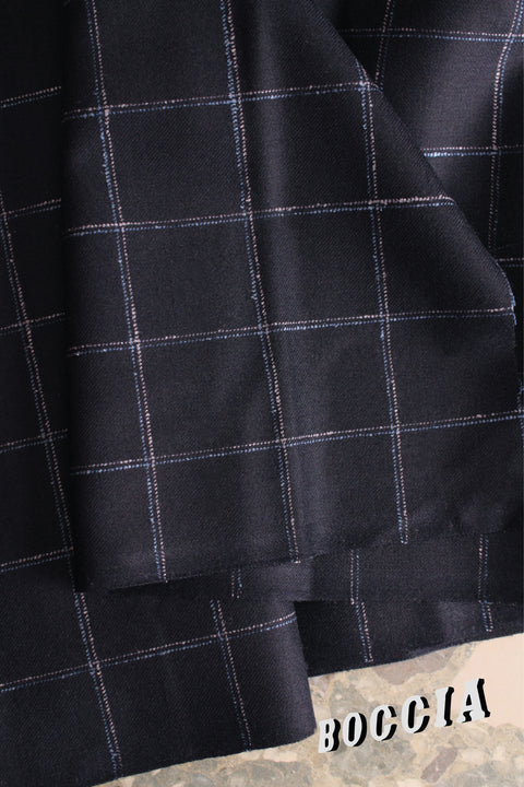 Navy blue white white and blue nubbly overcheck wool - TC029