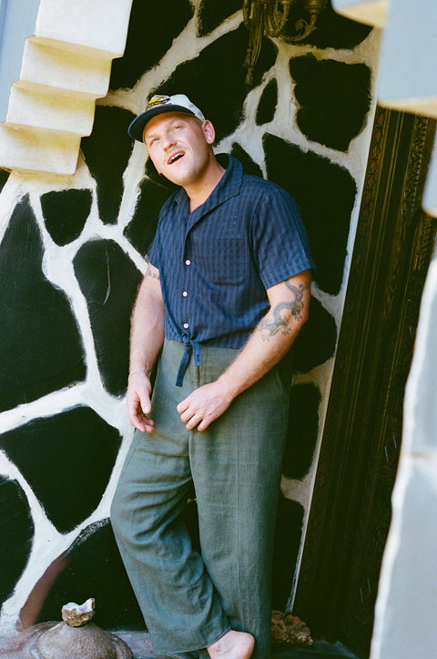Ink navy woven waist-tie option shirt