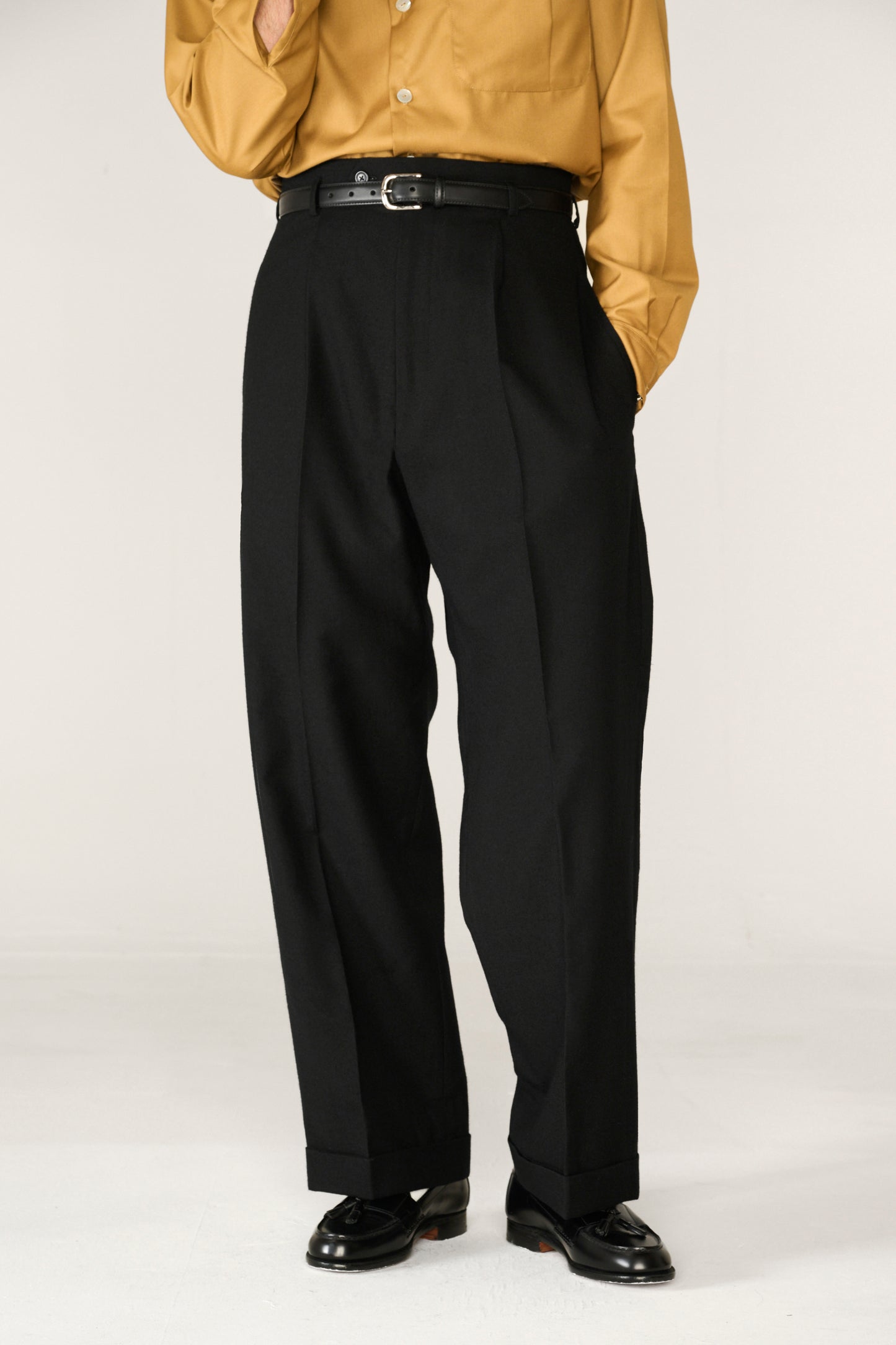 Black wool wide boy trousers