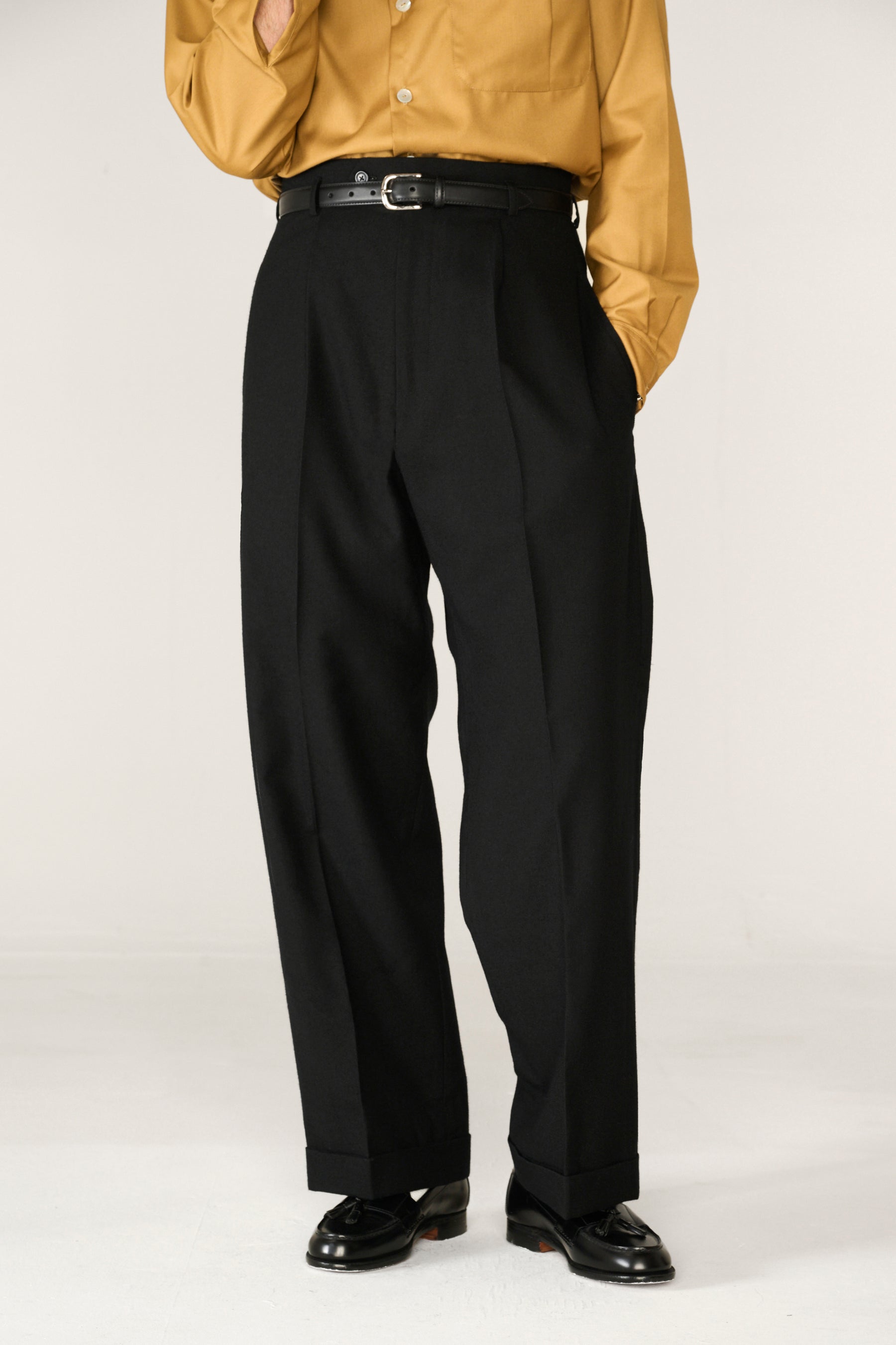 Black wool wide boy trousers