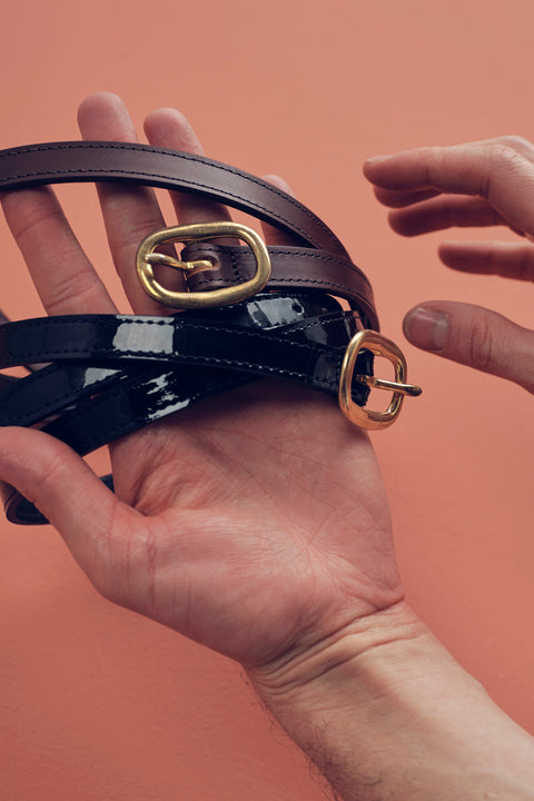 Black patent leather tape belt – Scott Fraser Collection