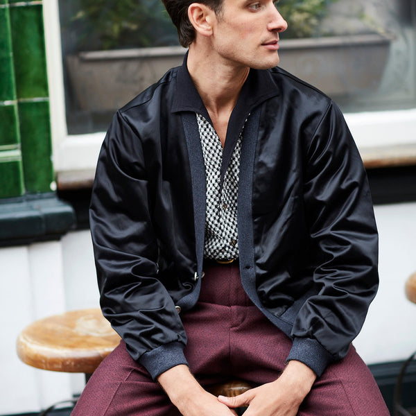 Black matte satin blouson jacket - Main Image