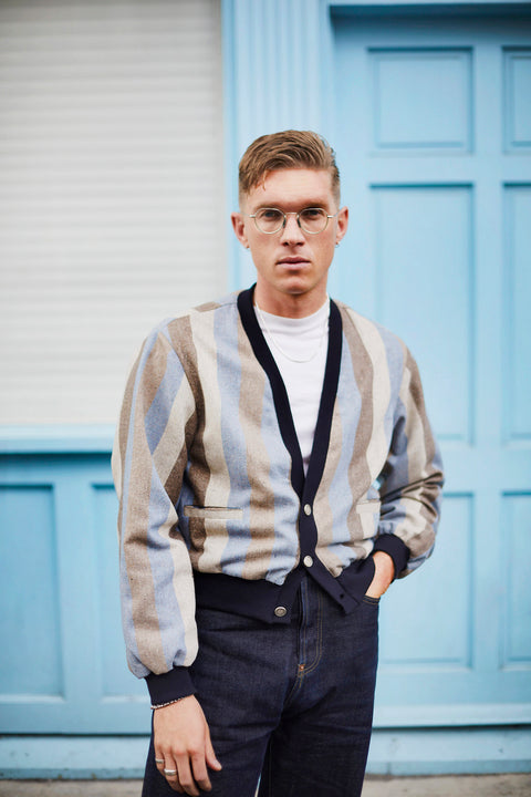 Blue striped flecked blouson jacket