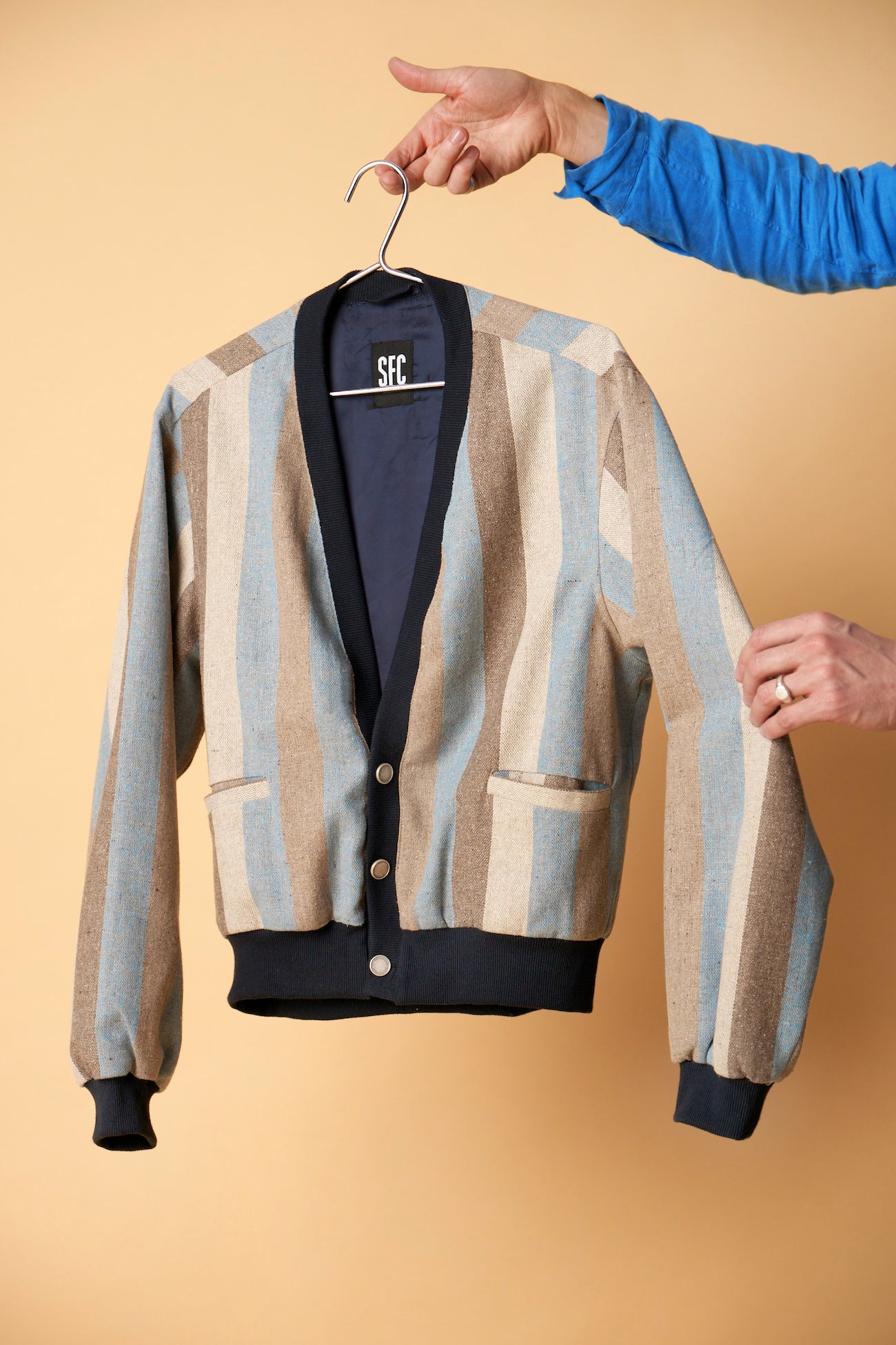 Blue striped flecked blouson jacket Scott Fraser Collection