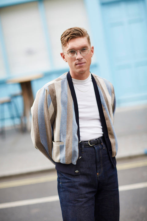 Blue striped flecked blouson jacket